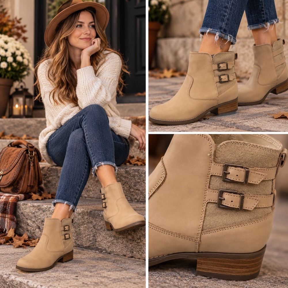Spenco Tan Leather Ankle Boots Buckle Strap Zip Low Heel Sand Womens 8.5 B